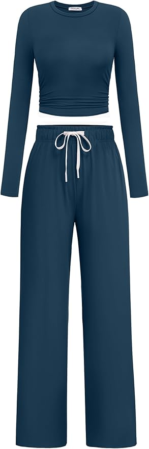 PINSPARK Women 2 Piece Lounge Set Long Sleeve Cropped Top Wide Leg Pants with Pockets 2024 Fall Outfits Matching Tracksuit