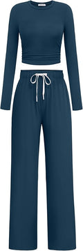 PINSPARK Women 2 Piece Lounge Set Long Sleeve Cropped Top Wide Leg Pants with Pockets 2024 Fall Outfits Matching Tracksuit