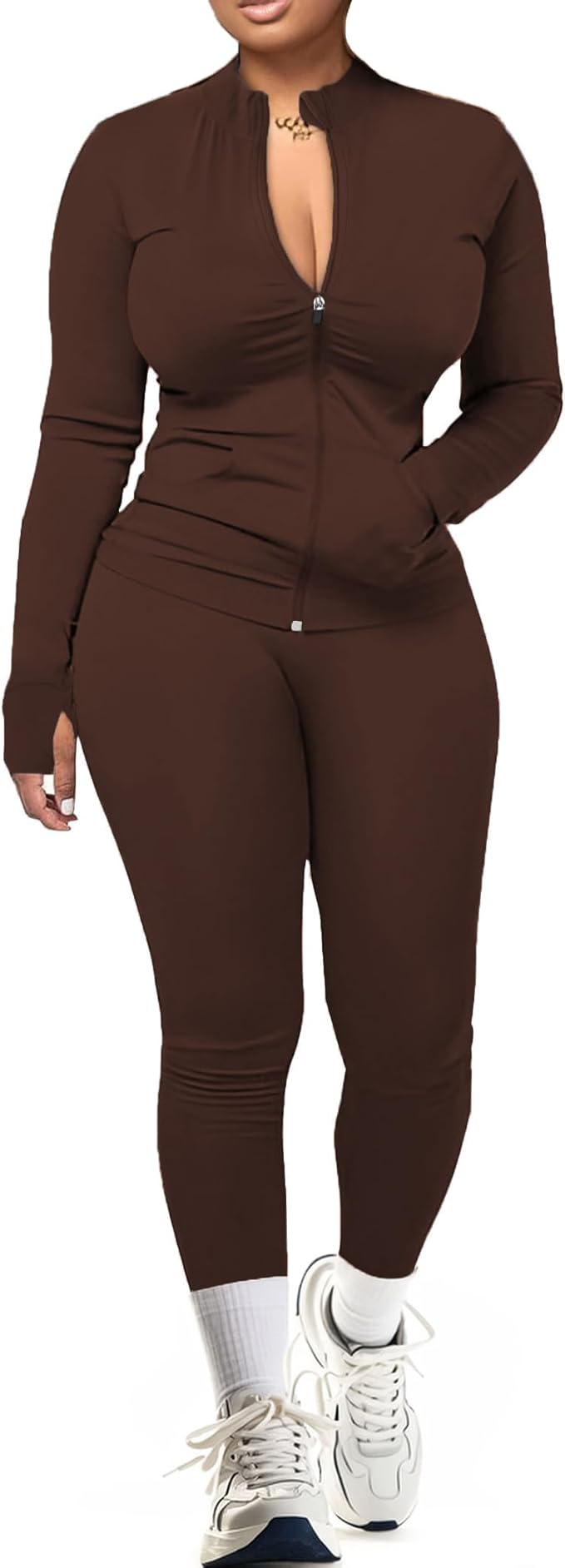 UOUA Two Piece Outfits Women Tracksuit Sets Long Sleeve Zip Up Jacket & Leggings for Gym Workout Set
