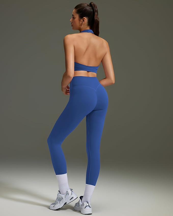 OMKAGI 2 Piece Workout Sets for Women Halter Sports Bras Gym Sets Booty Leggings Outfits
