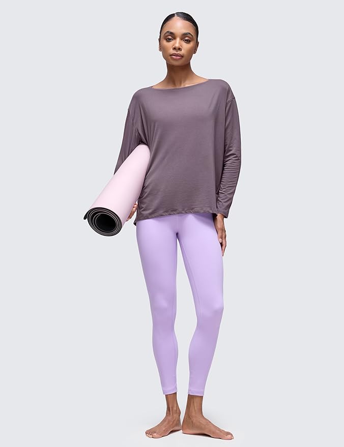 CRZ YOGA Pima Cotton Boat Neck Long Sleeve Shirts for Women - Workout Athletic Yoga Casual Tops Loose Fit Fall T-Shirts