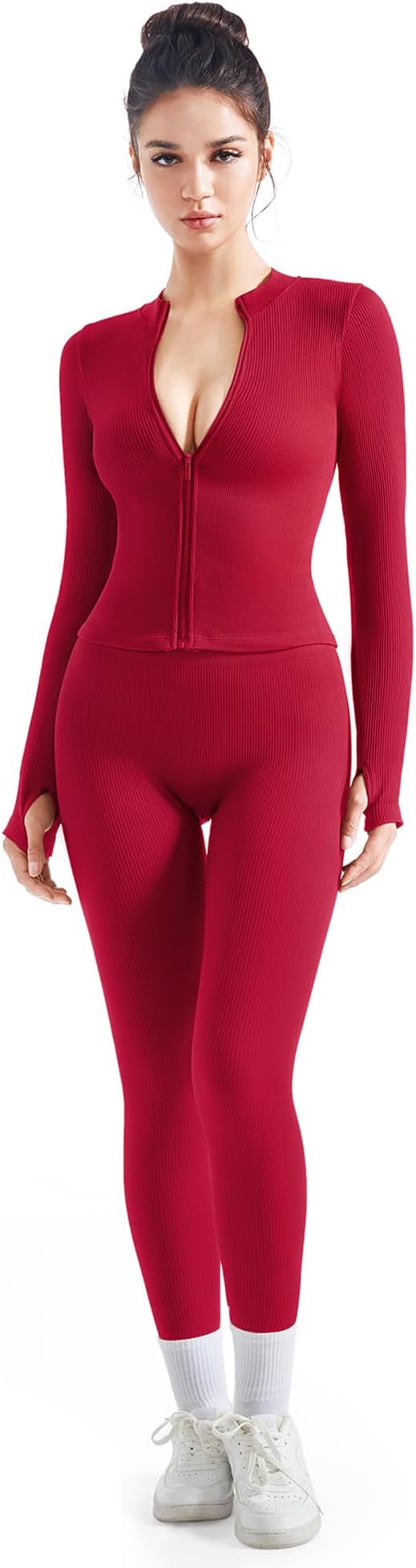 SUUKSESS Women 2 Piece Seamless Ribbed Workout Sets With Zip Up Jacket High Waisted Gym Yoga Leggings
