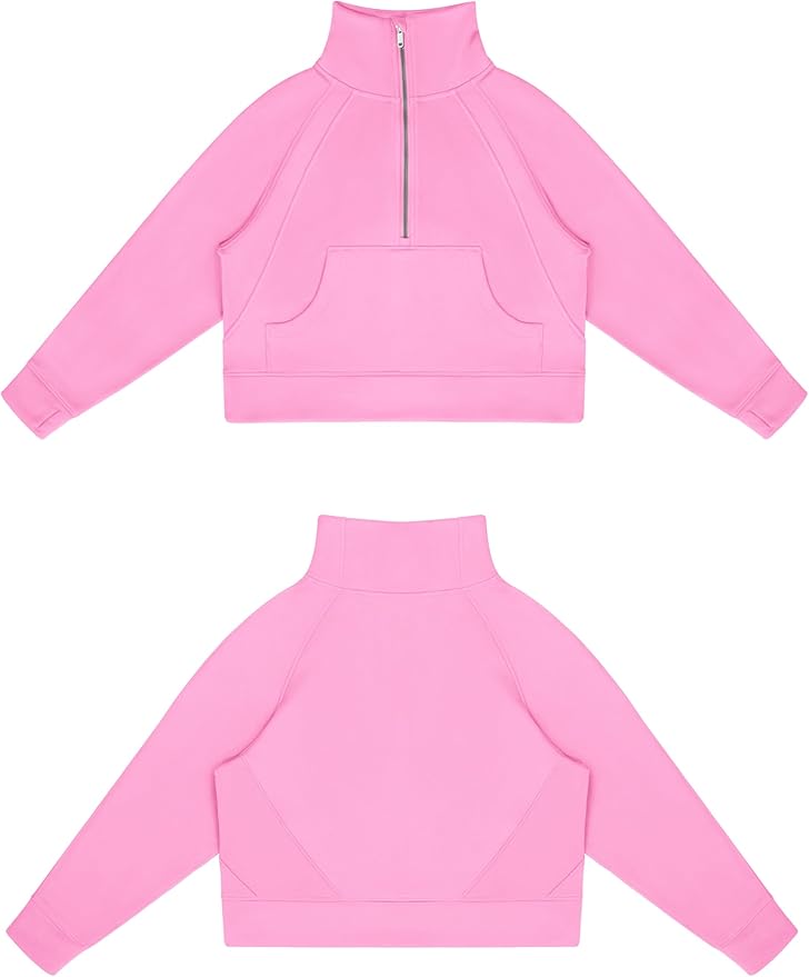 THE GYM PEOPLE Womens' Half Zip Pullover Fleece Stand Collar Crop Sweatshirt with Pockets Thumb Hole