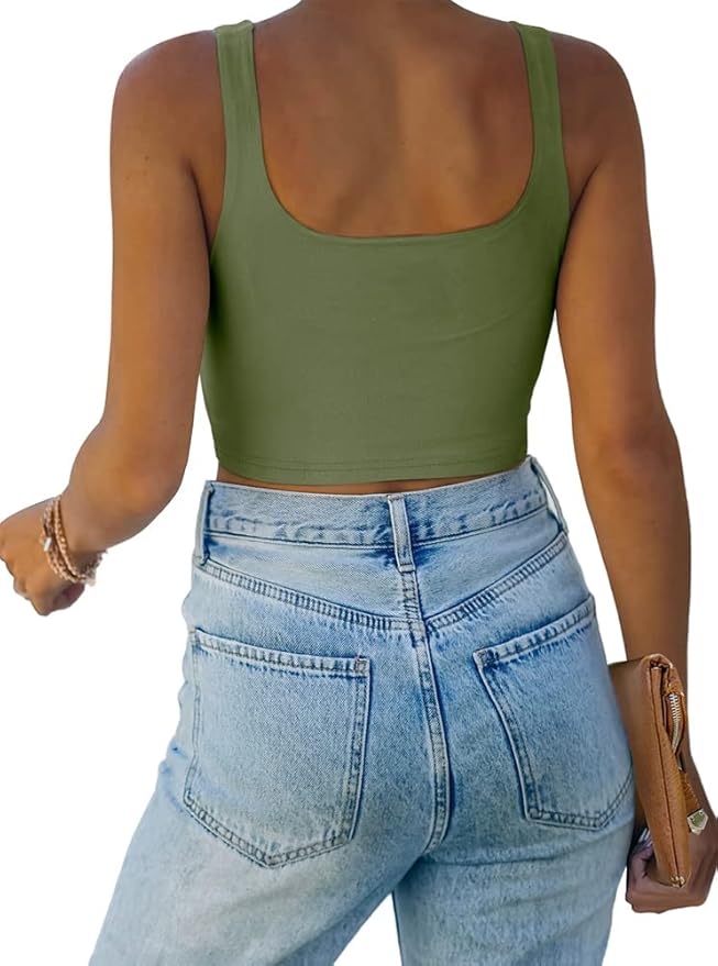 REORIA Women’s Sexy Square Neck Double Lined Seamless Sleeveless Cropped Tank Yoga Crop Basic Tops