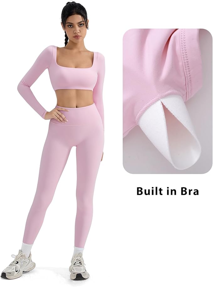 SUUKSESS Women 2 Piece Workout Sets Compression Tummy Control Leggings with Pockets Long Sleeve Square Neck Padded Crop Tops