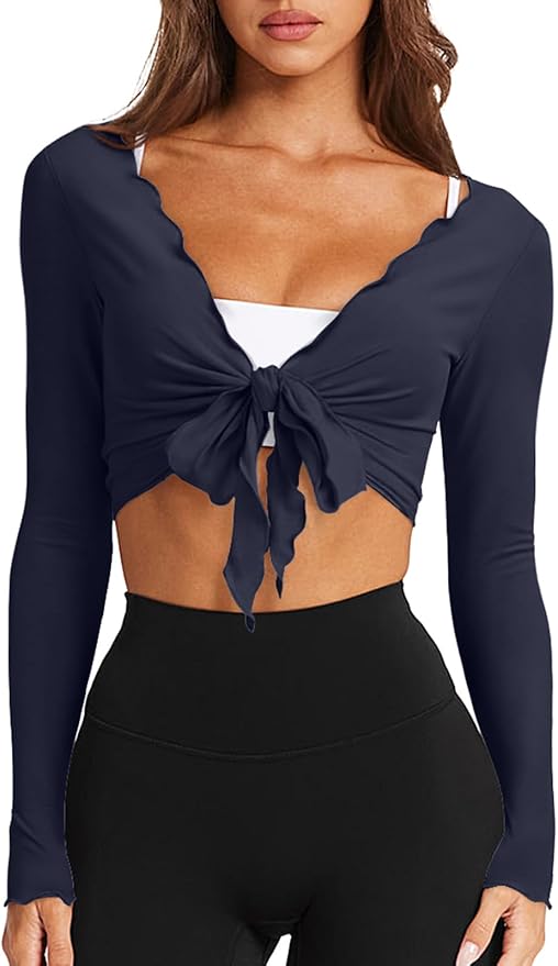 LASLULU Womens Tie Front Wrap Tops Long Sleeve Bolero Shrugs Crop Cardigan Yoga Ballet Cover up Tops Pilates Outfits