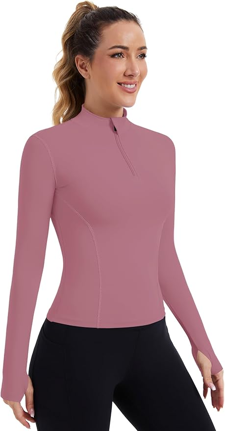 ZHENWEI Womens Workout Tops Long Sleeve Quarter Zip Pullover Quick Dry Golf Shirt Athletic Slim Fit Crop Yoga Gym Tops
