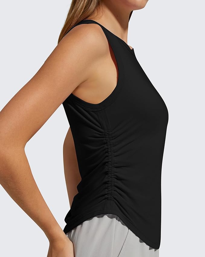 G4Free Lyocell Ruched Side Workout Tank Tops Woman High Neck Waist Length Gym Tanks Soft Relaxed Fit for Training