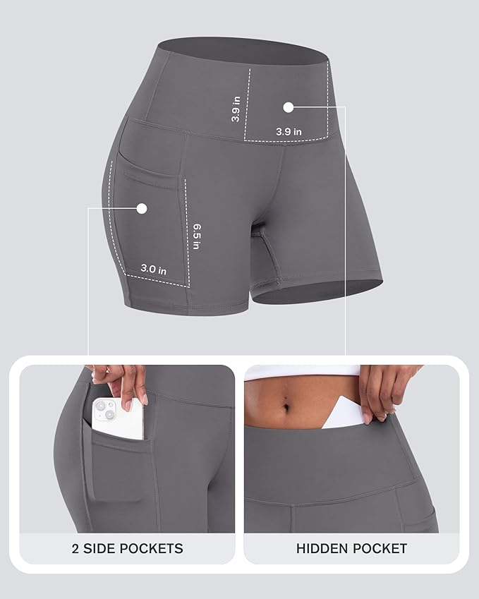 CHRLEISURE Womens Biker Yoga Shorts with Pocket, High Waisted Tummy Control 5 Inch Workout Spandex Athletic Gym Shorts
