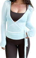 Women Wrap Top Long Sleeve Deep V Neck Cross Tie Workout Ballet Pilates Yoga Shirt
