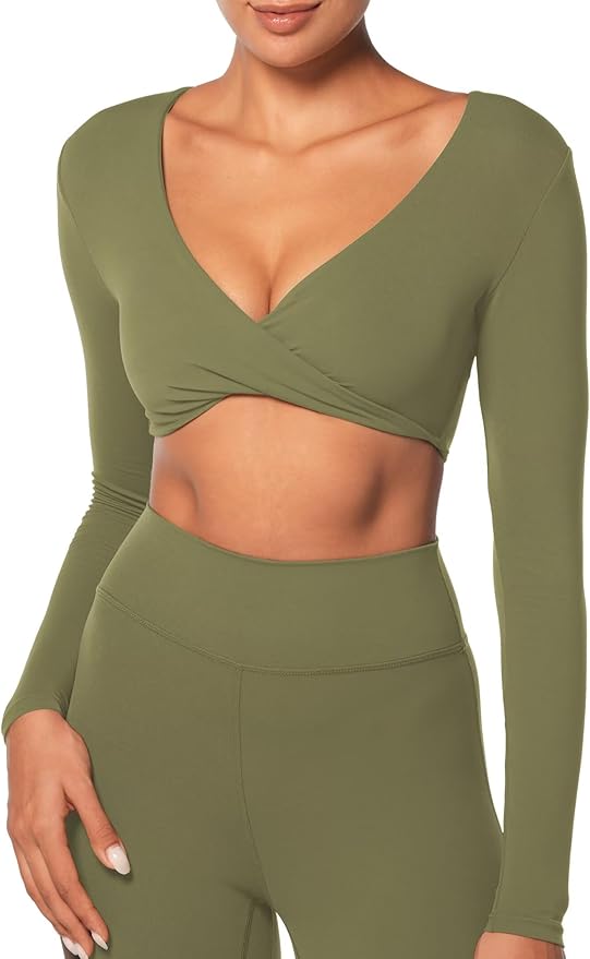 Sunzel Long Sleeve Workout Tops for Women Buttery Soft Deep V Twist Cropped Tops with Compression for Yoga Pilates Gym Outfit