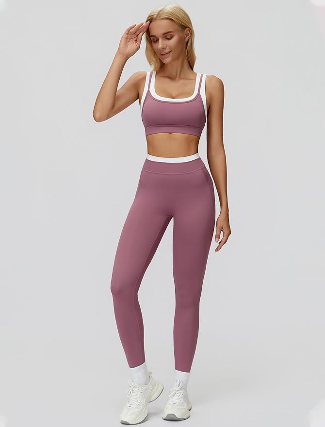 Women 2 Piece Workout U Back Color Block Sports Bra High Waist Active Leggings Yoga Pilates Outfits