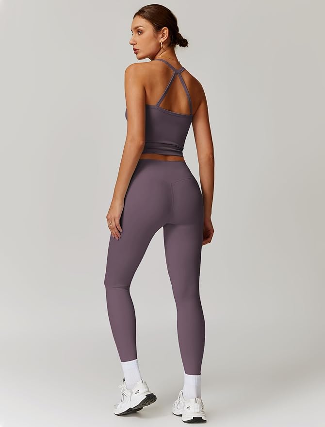 QBGJTD Womens Workout Sets Two Piece Cross Back Tank Top Matching High Waist Leggings Sets Gym Outfits Work Out Clothes