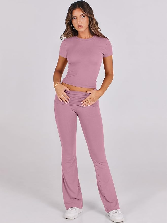 ANRABESS Lounge Sets for Women 2 Piece Foldover Yoga Flare Leggings Pants Crop Tops Casual Y2K Outfits Matching Tracksuit Set