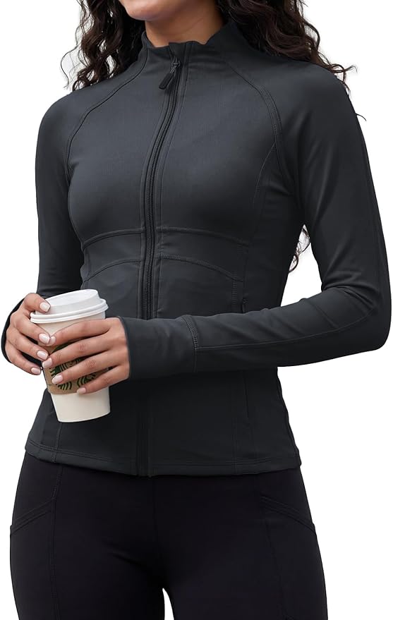 Waitfairy Zip Up Jackets for Women Yoga Gym Top Running Workout Jackets for Woman Track Jacket Women with Thumb Holes