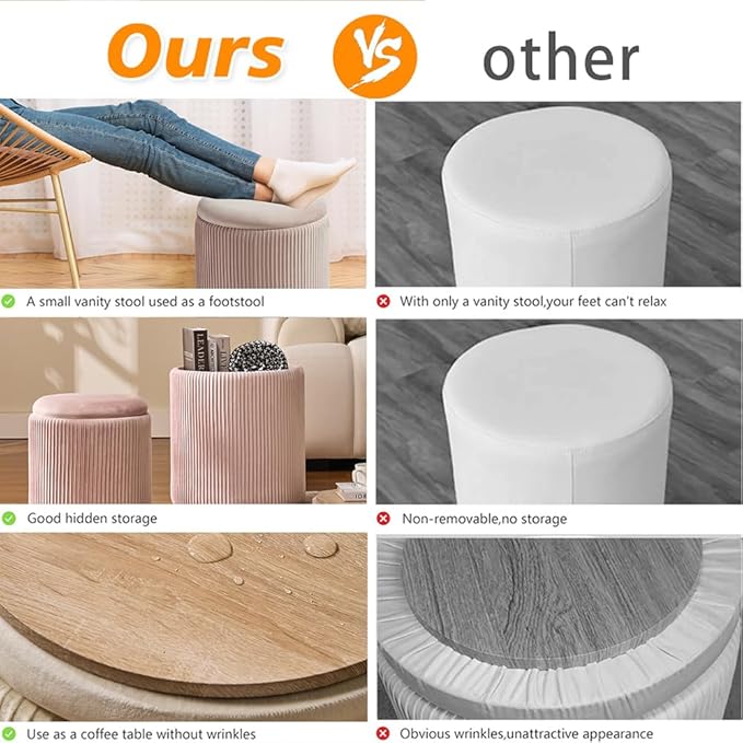 BLEXA Round Set of 2 Ottoman with Storage-Upholstered Velvet Vanity Stool for Makeup Multifunctional Ottomans Coffee Table Padded Seat Foot Rest for Living Room&Bedroom(Pink)