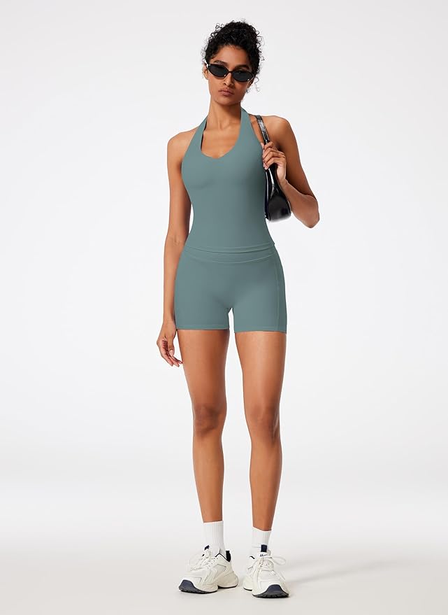 RXRXCOCO Halter Workout Sets for Women 2 Piece V Neck Tank Tops Hidden Scrunch Booty Shorts Gym Outfits with Pockets