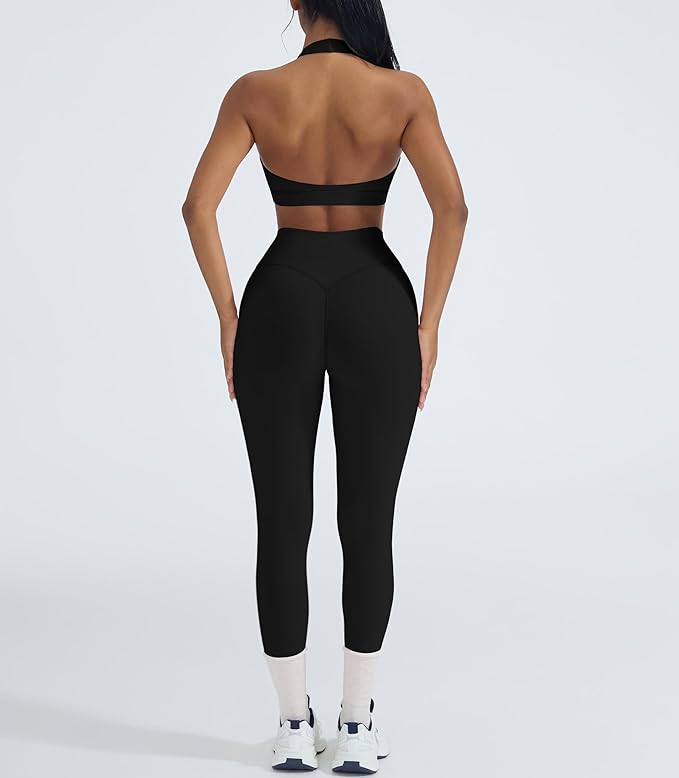 OMKAGI 2 Piece Workout Sets for Women Halter Sports Bras Gym Sets Booty Leggings Outfits