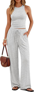 Trendy Queen Women's 2 Piece Summer Lounge Sets Butter Soft Tank Top & High Waisted Wide Leg Pants with Pockets