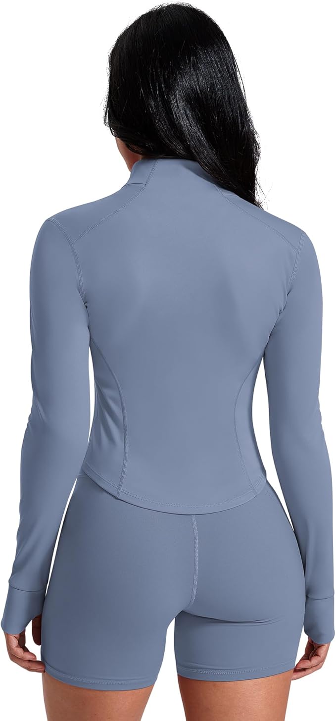 AVGO Women's Workout Jacket Lightweight Zip Up Crop Top Running Sportwear Slim Fit Gym Jackets With Thumb Holes