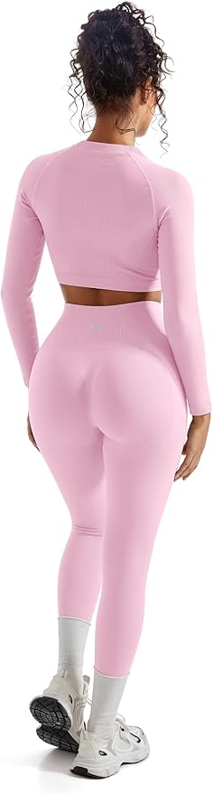 SUUKSESS Women 2 Piece Workout Sets Hidden Scrunch Hip Lifting Seamless Leggings Long Sleeve Yoga Crop Tops