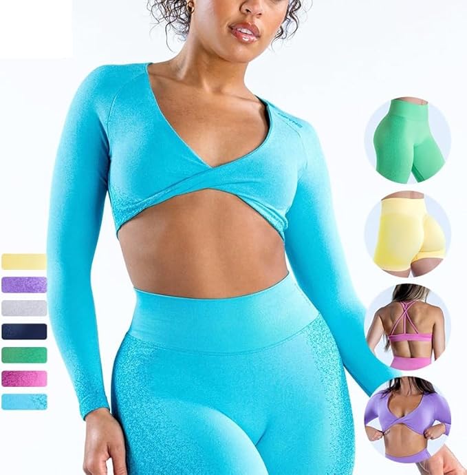 Breathable Seamless Womens Yoga Set Long Sleeve Cropped Top Paired Leggings Shorts Lounge Wear Activewear