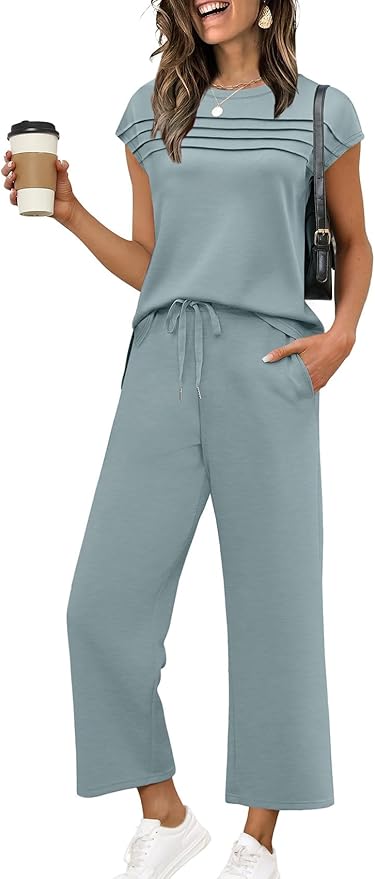 WIHOLL Two Piece Sets for Women Summer Spring Travel Vacation Outfits Cap Sleeve Lounge Matching Sets Wide Leg Pants S-3XL