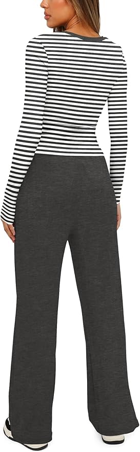 Darong Women's 2 Piece Outfits Lounge Sets 2026 Long Sleeve Tops Wide Leg Pants Casual Matching Set