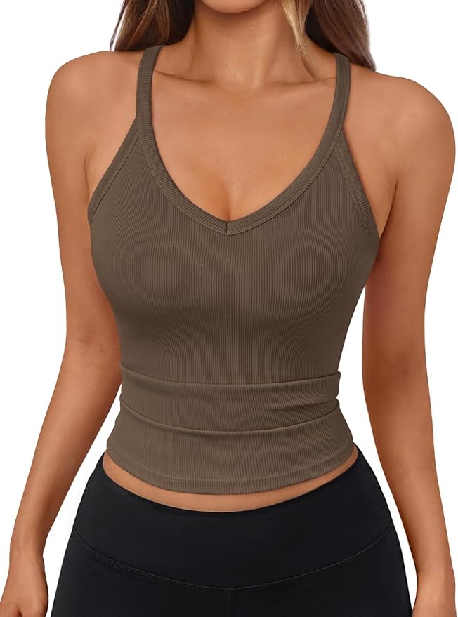 Trendy Queen Womens Racerback Ribbed Tank Tops Soft Stretch V Neck Workout Casual Tops Summer Sleeveless Crop Camisole
