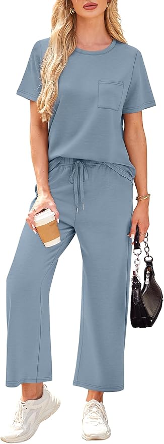 WIHOLL 2 Piece Sets for Women Casual Summer Travel Vacation Outfits Short Sleeve Wide Leg Crop Pants Lounge Sets