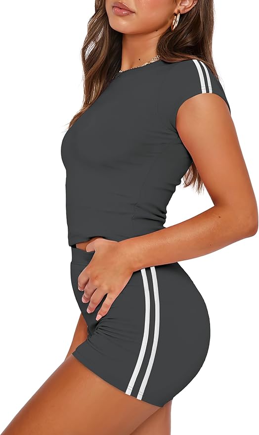 NIASHOT Womens Two Piece Lounge Sets Summer Contrast Side Stripes 2 Piece Workout Athletic Outfits Matching Clothing Set