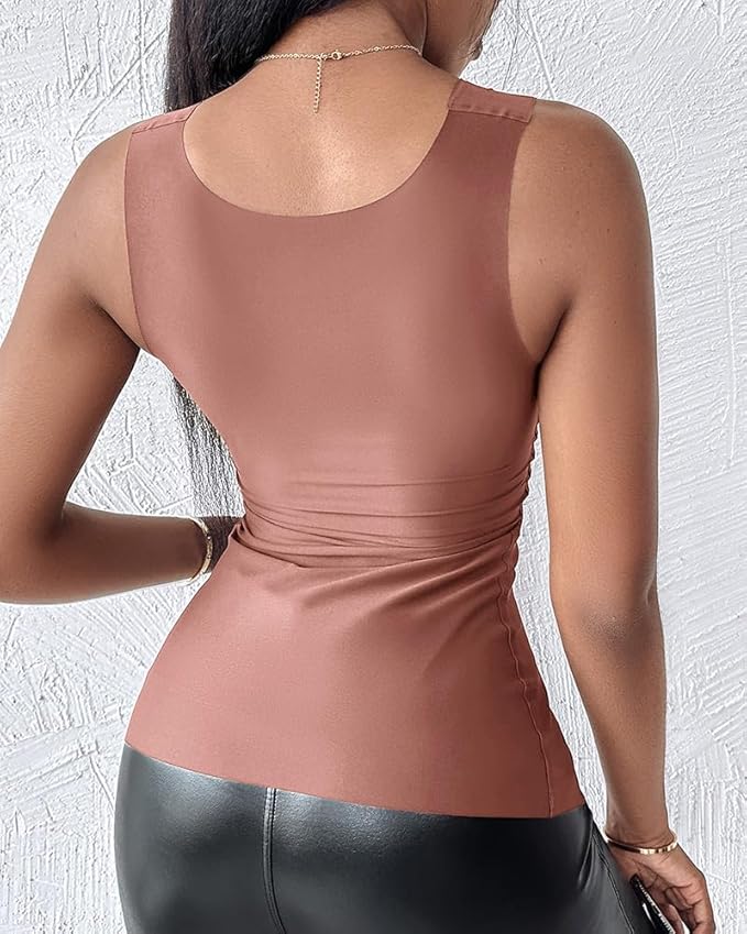 CHICME Womens U Neck Shapewear Built-in Bra Tank High Strechy Sleeveless Slim Fit Tops Camisole Workout Tops