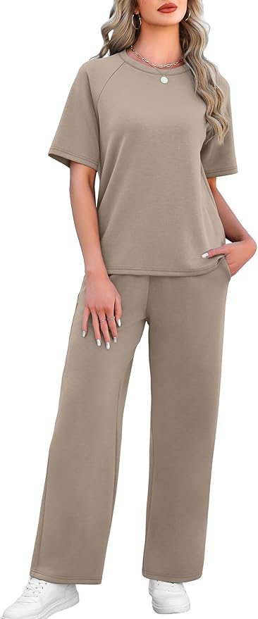 WIHOLL 2 Piece Sets for Women Resort Wear Travel Vacation Outfits Summer Short Sleeve Lounge Sets