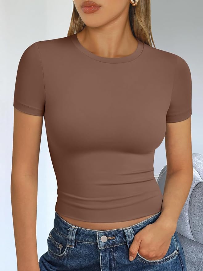 Trendy Queen Womens Short Sleeve T Shirts - Buttery Soft Summer Crop Tops Slim Fit Y2k Basic Tees for Workout