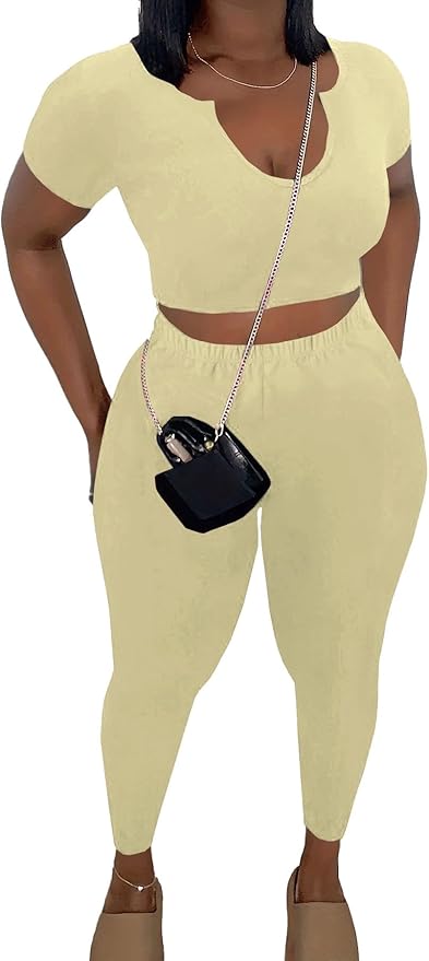 Nimsruc 2 Piece Sets For Women Sexy Casual Workout Crop Short Sleeve Long pants Leggings Sets Summer Active Wear