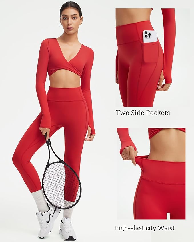 SUUKSESS Women 2 Piece Workout Sets Long Sleeve Twist Deep V Crop Padded Tops Yoga Leggings with Side Pockets