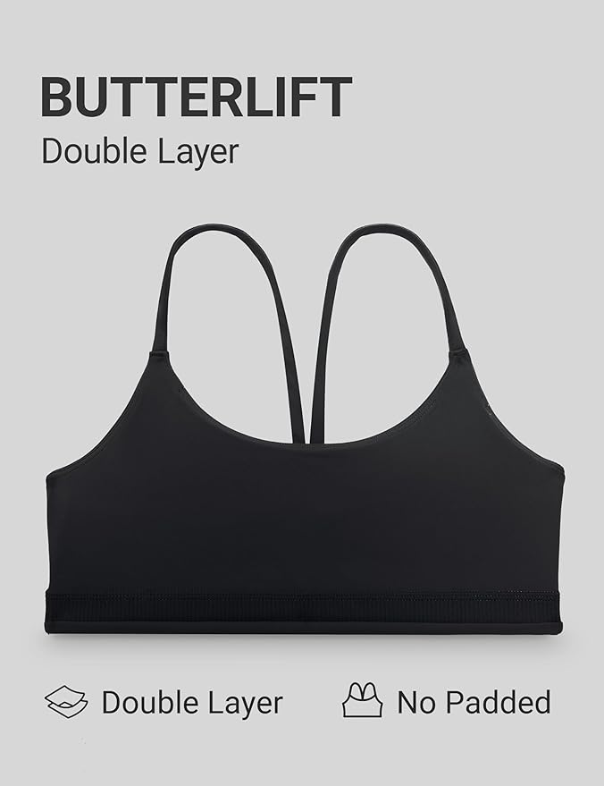 CRZ YOGA Butterlift Double Lined V Back Sports Bras for Women - Scoop Neck Spaghetti Strap Wireless Yoga Top Non Padded