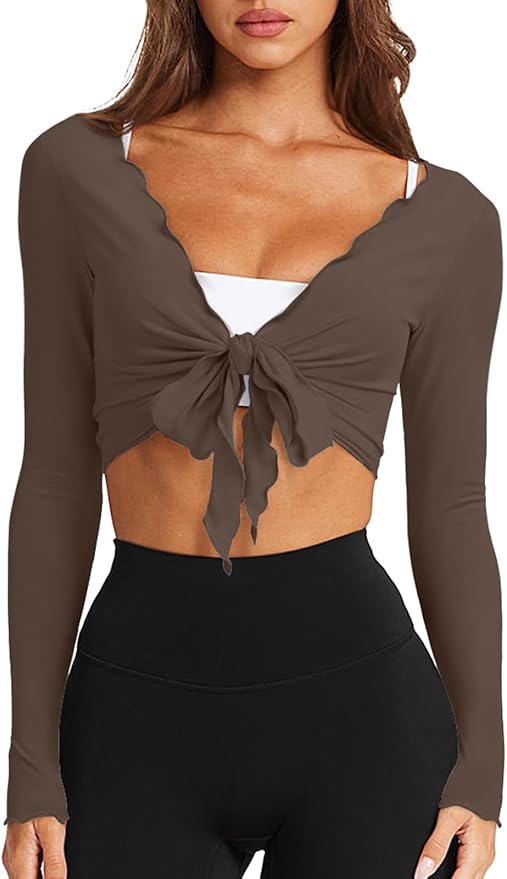 LASLULU Womens Tie Front Wrap Tops Long Sleeve Bolero Shrugs Crop Cardigan Yoga Ballet Cover up Tops Pilates Outfits