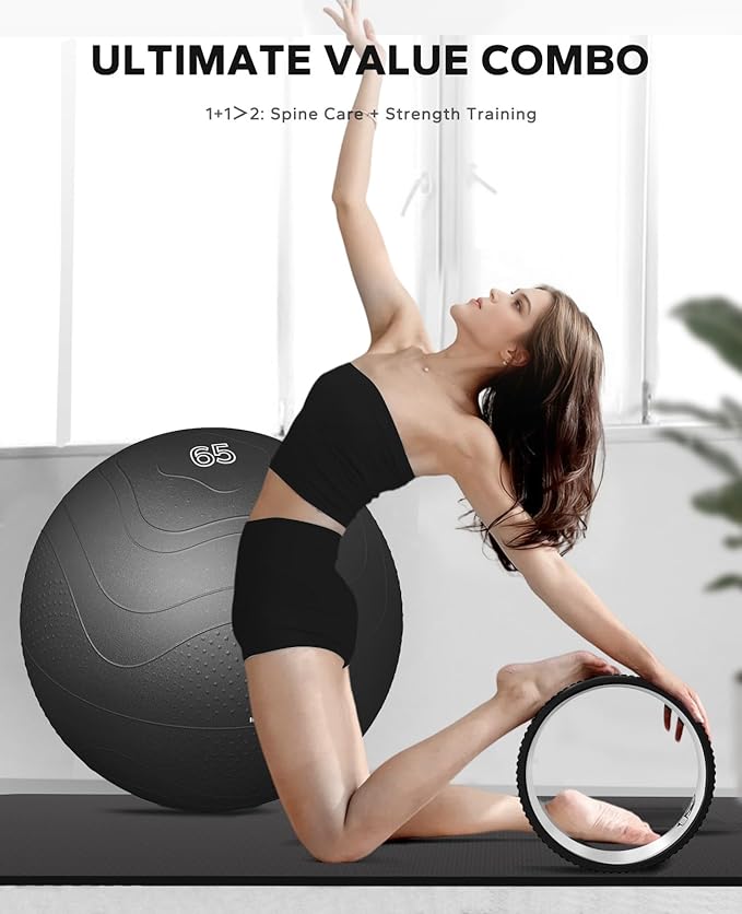 HAPBEAR Back Roller - Yoga Wheel Set with 26'' Anti-Burst Exercise Ball – 12'' PP Inner Core Spine Alignment Tool for Back Pain Relief,Core Strength & Full-Body Workout, Back Roller Wheel for Home Gym & Therapy, Pump Included