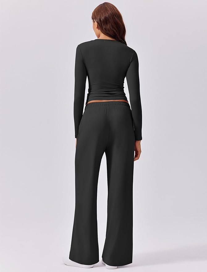 PINSPARK Women 2 Piece Lounge Set Long Sleeve Cropped Top Wide Leg Pants with Pockets 2024 Fall Outfits Matching Tracksuit