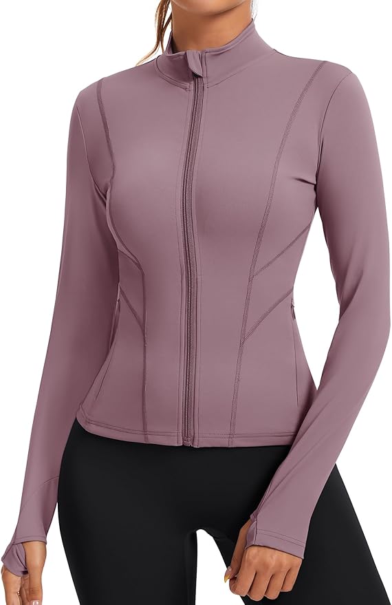 Rapbin Women's Slim Fit Workout Jackets Full Zip Long Sleeve Running Athletic Tops Yoga Shirts with Thumb Holes