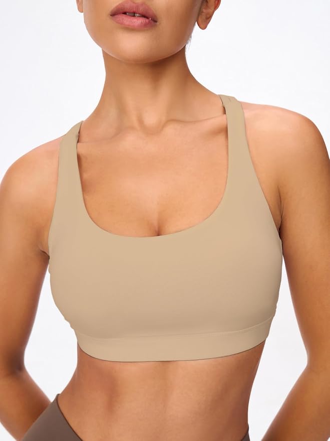 Women's Strappy Sports Bras Light Compression Crop Criss Cross Back Padded Workout Yoga Bra Supportive U Neckline