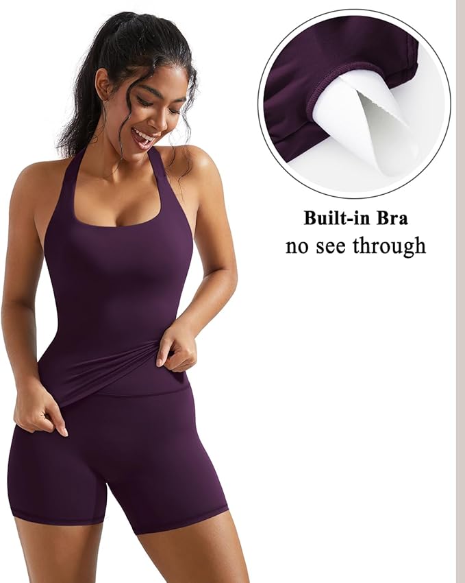 OMKAGI 2 Piece Workout Sets for Women Halter Sports Bra Tank Gym Biker Shorts Outfits