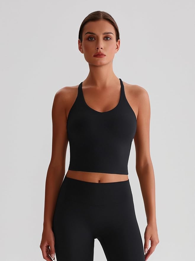 ABOCIW Womens Cross Back Workout Crop Tank with Built in Bra V Neck Longline Sports Bra Gym Shirt Yoga Pilates Top
