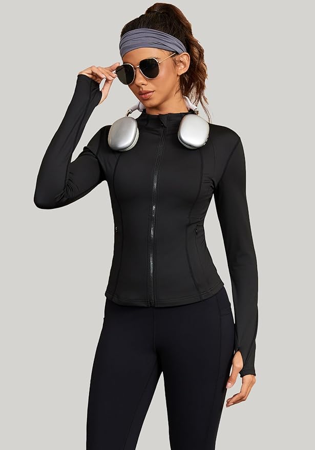 Bosmeer Workout Jackets for Women Lightweight Zip Up Slim Fit Yoga Sportwear Stretchy Crooped Running Jacket with Thumb Holes
