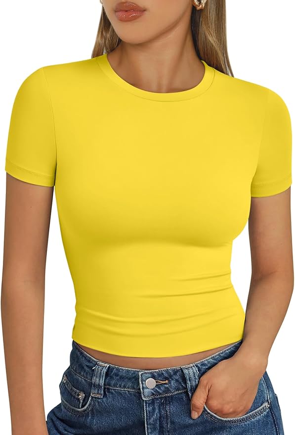Trendy Queen Womens Short Sleeve T Shirts - Buttery Soft Summer Crop Tops Slim Fit Y2k Basic Tees for Workout
