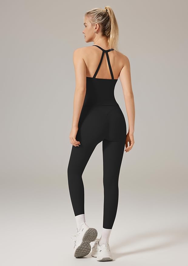 RXRXCOCO Cross Back Workout Sets for Women 2 Piece Padded Tank Tops Hidden Scrunch Leggings Gym Outfits with Pockets