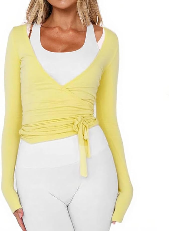 Women Wrap Tie Top Y2k Long SLeeve Ballet Workout Yoga Shirt Coquette Blouses