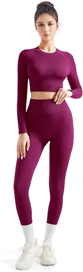 SUUKSESS Women 2 Piece Workout Sets Hidden Scrunch Hip Lifting Seamless Leggings Long Sleeve Yoga Crop Tops