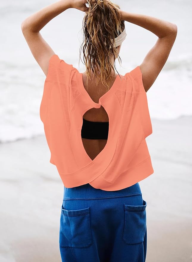 Kumufenc Women Short Sleeve Workout Shirts Open Back Tops Casual Yoga Y2k Athletic Gym Slouchy Crop Running Tees